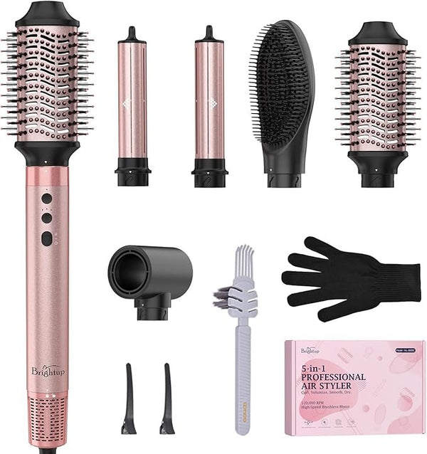 Brightup 5-in-1 Hot Air Styler – 1400W High-Speed Hair Dryer Brush with Negative Ions, Cool Shot, Curling, Straightening, Volumizing & Travel Bag.